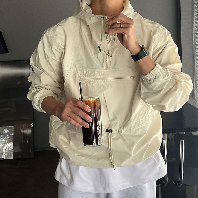 Summer Apricot-Colored Sun Protection Jacket for Men, Hooded Jacket, Workwear Design, Niche Men's Clothing, Korean Dongdaemun Trend