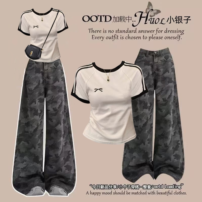 American High Street Camouflage Jeans Suit for Women, New Summer Style, Loose Slimming Wide-Leg Pants, Casual and Fashionable Two-Piece Set American High Street Camouflage Jeans Suit for Women, New Summer Style, Loose Slimming Wide-Leg Pants, Casual and Fashionable Two-Piece Set