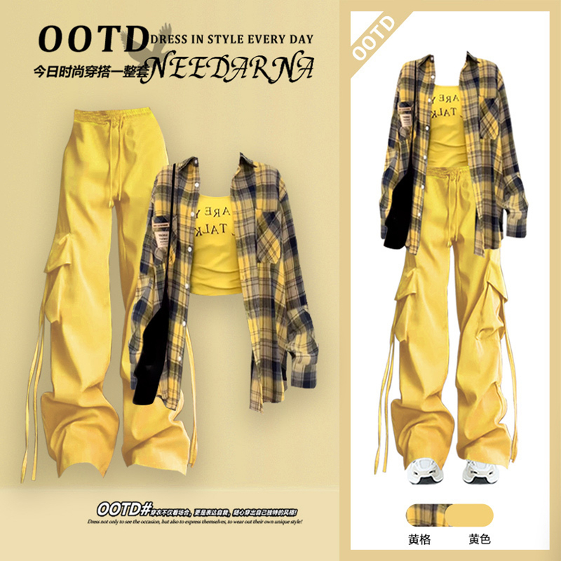 Dopamine Korean Style Spicy Girl Early Autumn Outfit Set for Women 2026 New Trendy and Cool Street-Style Cargo Pants Three-Piece Set