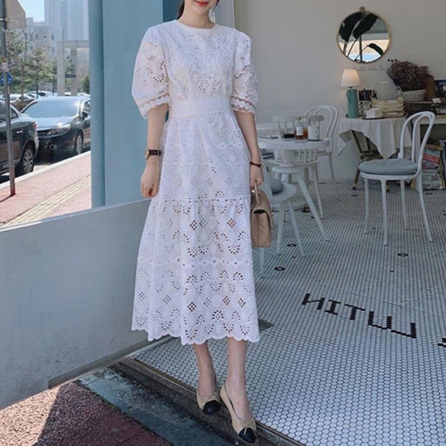 French style high waist temperament gentle wind white lace dress goddess fan summer light familiar wind waist slimming skirt