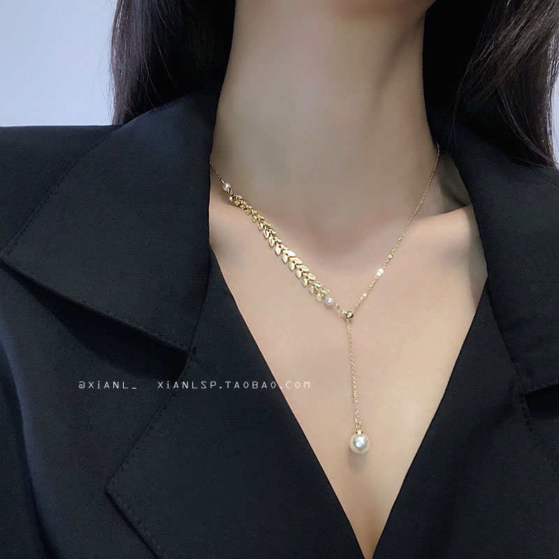 Korean wheat ear pearl necklace female niche design sense advanced 2022 simple temperament clavicle necklace light luxury