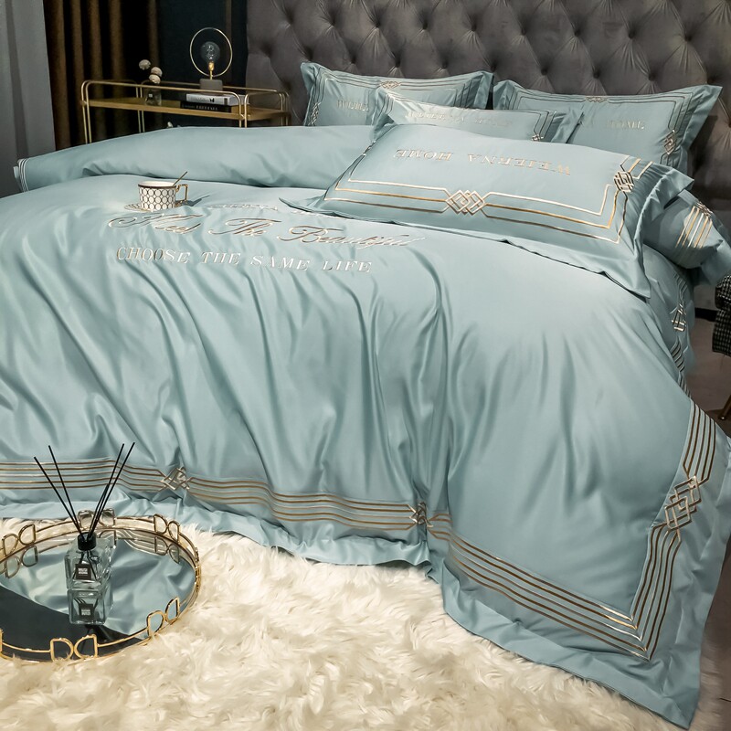 Ice silk four-piece bed sheet summer silk slippery naked sleeping silk embroidery European quilt cover washed summer three bedding