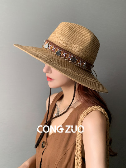 Designer-Strohhut im Ethno-Stil für Damen, Sommerurlaub, Cowboy-Strohhut, Sonnenschutz, Fischerhut, Sonnenhut