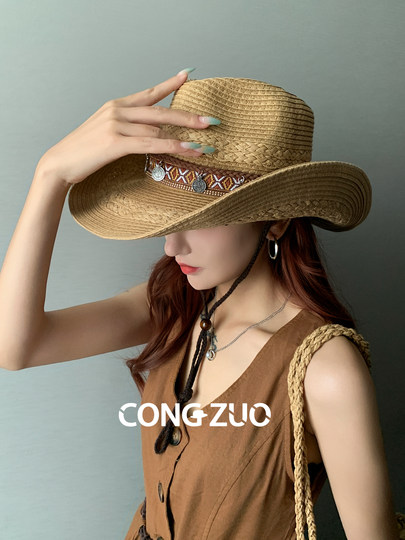 Designer-Strohhut im Ethno-Stil für Damen, Sommerurlaub, Cowboy-Strohhut, Sonnenschutz, Fischerhut, Sonnenhut