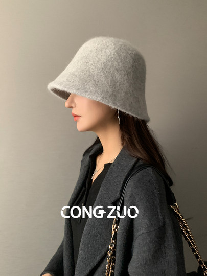 Angora Rabbit Fur Hat for Women, Winter Sheep Wool Blend Fisherman Hat, New Style, Face-Slimming Bucket Hat, Warm and Cold-Proof Hat