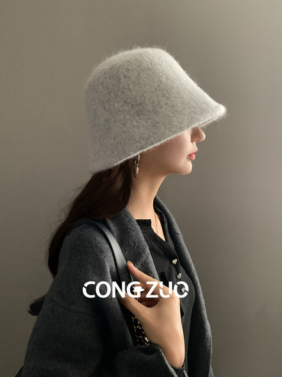 Angora Rabbit Fur Hat for Women, Winter Sheep Wool Blend Fisherman Hat, New Style, Face-Slimming Bucket Hat, Warm and Cold-Proof Hat