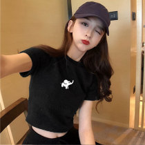 Small daisy short t-shirt womens short-sleeved half-high neck high waist half-sleeve summer new tight umbilical slim-fit printed top