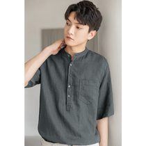 Linen short sleeve T-shirt mens Chinese style 7-quarter sleeve summer loose stand collar Middle sleeve casual cotton linen clothes