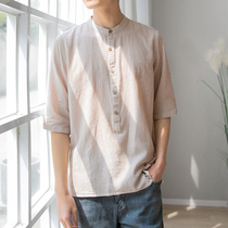 Linen shirt mens striped short sleeve T-shirt loose cotton linen casual five-point half-sleeve shirt coat top 7 Seven Seven