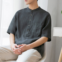 Mens linen shirt half Middle sleeve mens Chinese style summer cotton thin casual top seven short sleeve shirt
