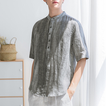 Linen short-sleeved T-shirt mens summer plus size casual five-piece half-sleeve retro stand collar 7-point cotton linen clothes