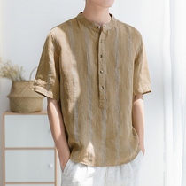 Linen T-shirt mens five-point short sleeve summer thin 7-point half-sleeve clothes loose cotton linen collar stripes