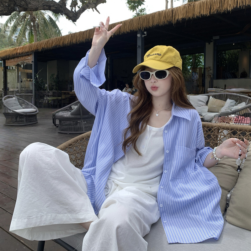 Blue Shirt for Women, High-End, Light Luxury, Age-Reducing, Stylish, 2026 New Spring Striped Shirt Jacket, Summer Top Blue Shirt for Women, High-End, Light Luxury, Age-Reducing, Stylish, 2026 New Spring Striped Shirt Jacket, Summer Top