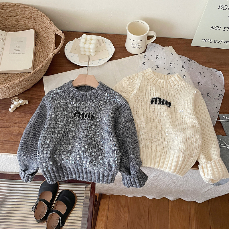 Korean Girls' 2024 Autumn and Winter New Pullover Sweater with Trendy Heavy Sequin Letter Embroidery