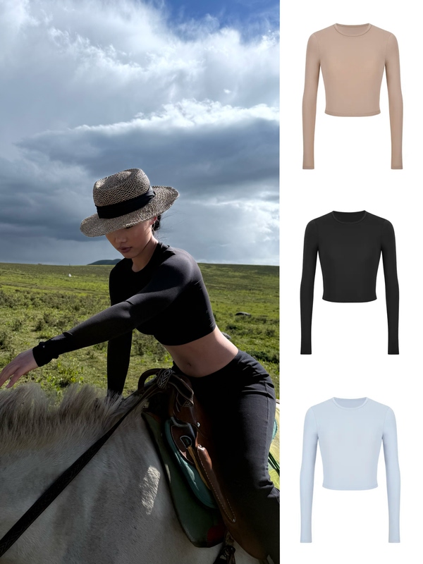 Pf05 American Retro Simple Style Hot Girl Long-Sleeve Leather-Like Slim Fit Crop Top with Exposed Shoulders, Slimming Short Quick-Dry Top