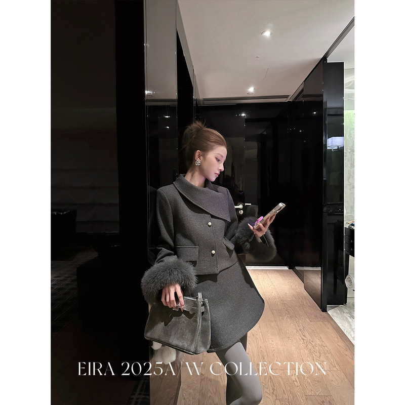 [Clearance Benefits] Korean-Style Winter Outfit with a Luxurious Feel: Gray Padded Woolen Coat and Half Skirt Two-Piece Set
