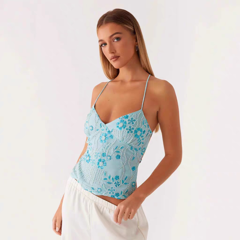 European and American Style Embroidered Sequin Tank Top Sexy Hot Girl Camisole Top Sexy Nightclub Party Top