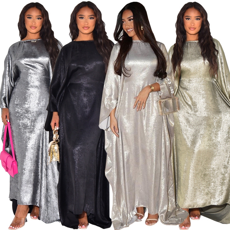 New Elegant Bat Sleeve Long Dress, Fashionable Silver-Embroidered Dress Round Neck Bat Sleeve Dress