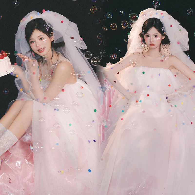 New Photo Studio-Themed Pink Wedding Dress, Korean-Style Pictorial, Princess Style, Dopamine Girl Atmosphere, Birthday Photography Outfit