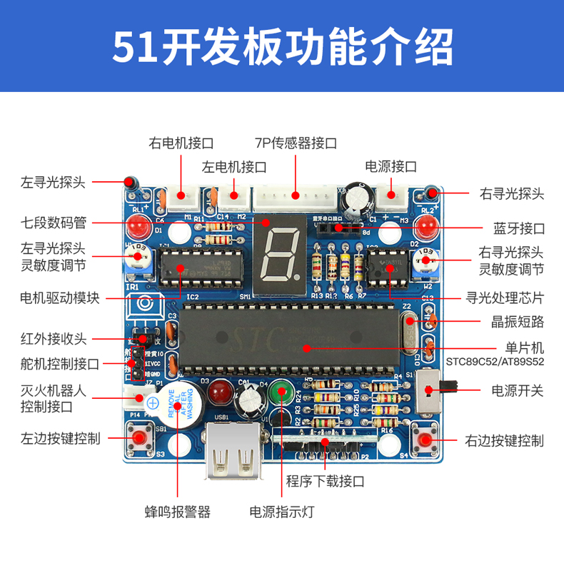 51单片机智能小车 智能车 系统 套件焊接型蓝牙灭火编程机器人C51