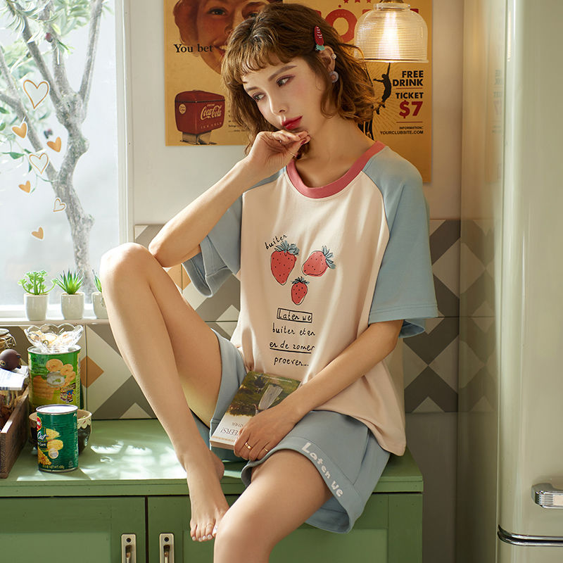 Pajama cô gái mùa hè cotton ngắn tay áo quần short mùa hè Hàn Quốc phiên bản của studentth mỏng dễ thương quần áo nhà hai mảnh bộ tươi