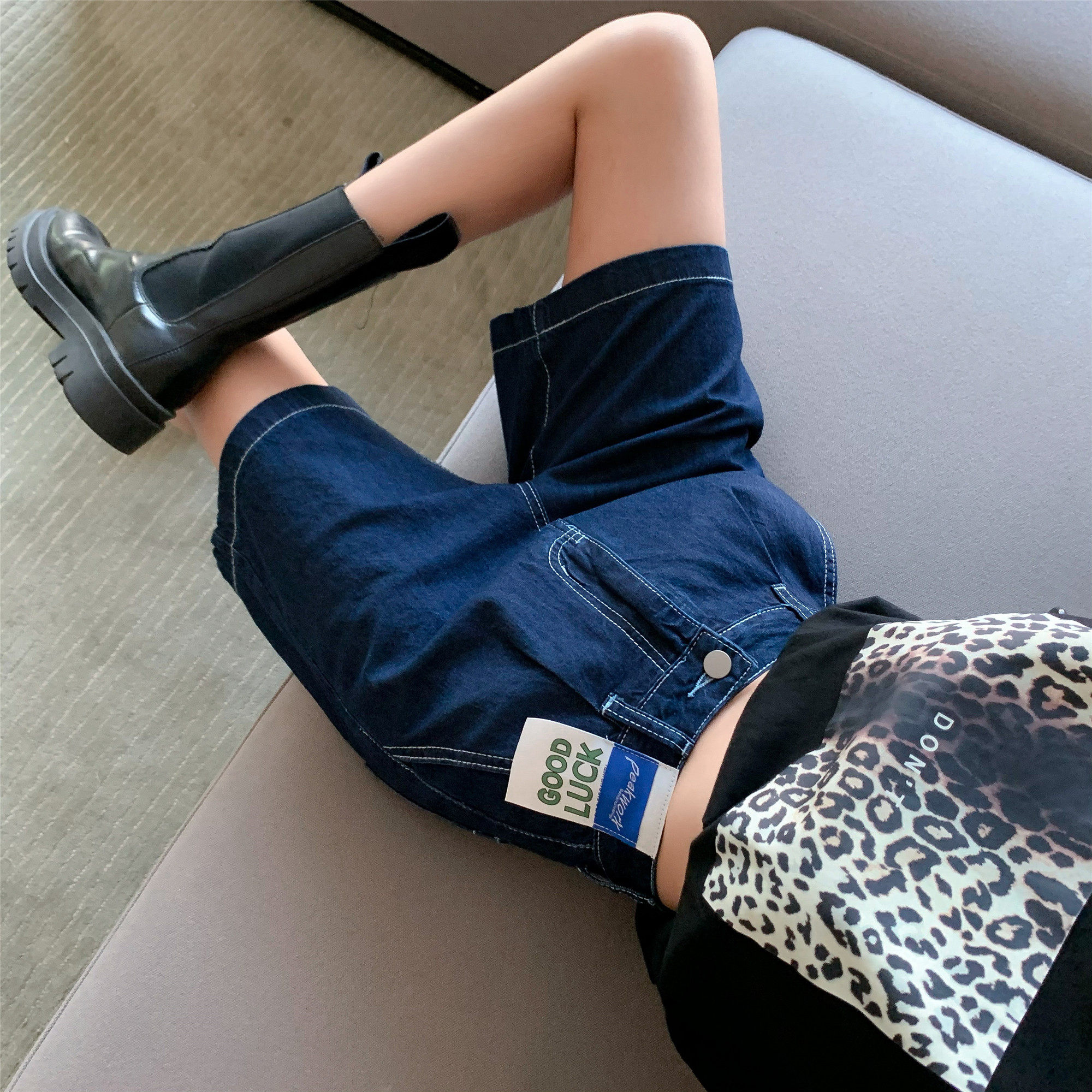 Fantasy denim mid-pants women's summer high waist thin all-match student retro net red A-line wide-leg five-point pants