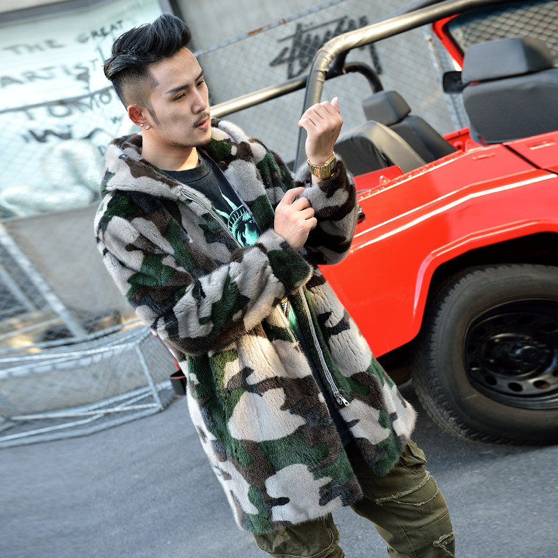 Mink fur coat men's whole mink American mink fur men's fashion camouflage coat hooded fur mid-length