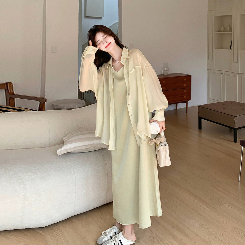 Light Green Mature Style Dress Set for Women, Spring 2026 New Lightweight Sun-Protective Shirt and Camisole Dress Two-Piece Set