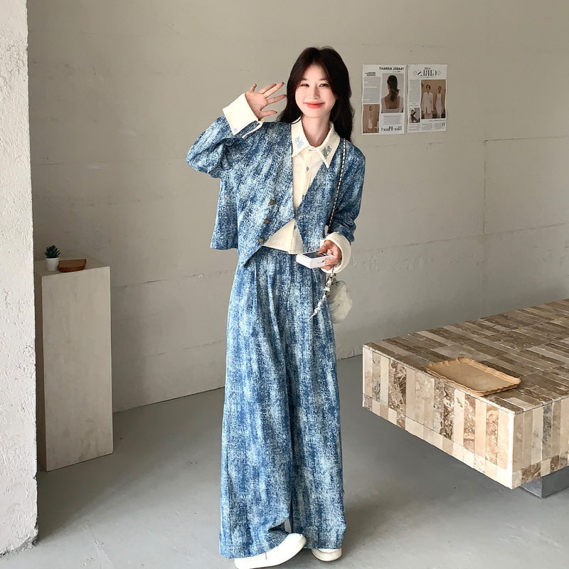 Blue Retro Design Tie-Dye Suit for Women 2026 Autumn New Style Fake Two-Piece Lapel Jacket Wide-Leg Pants Two-Piece Set