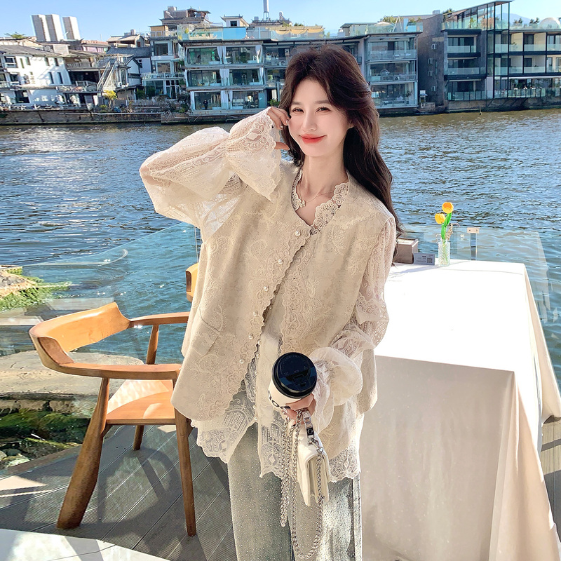 Off-White Heavy Embroidery Vest Set for Women, Spring 2026 New Korean Style Design Lace Shirt and Vest Two-Piece Set Off-White Heavy Embroidery Vest Set for Women, Spring 2026 New Korean Style Design Lace Shirt and Vest Two-Piece Set
