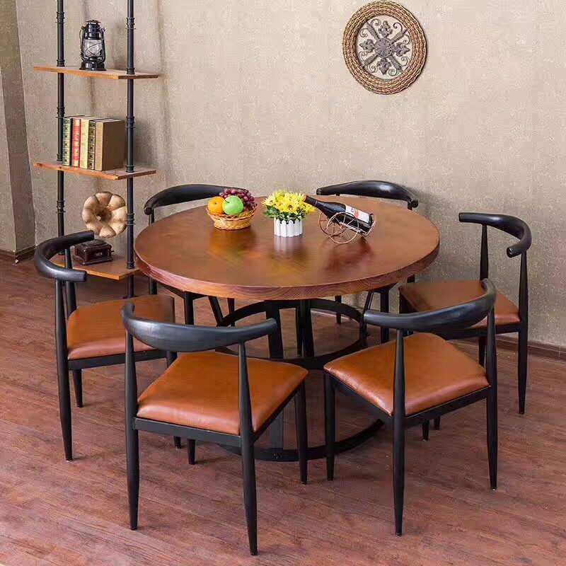 Bar Roundtable Solid Wood Industrial Wind Barbecue Restaurant Dining Room Dining Room Dining Room Dining Room For Old Iron Art Retro Tea Table Roundtable