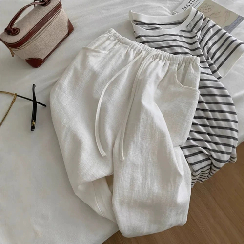 Белые тонкие штаны, подходит для подростков, свободный прямой крой, из хлопка и льна