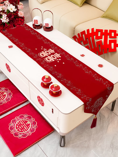 Wedding Preparation Decoration Living Room Dining Table Coffee Table Table Runner Wedding Room Decoration Red Double Happiness Tablecloth Wedding Supplies