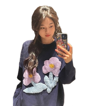 Gentle wind contrast color three-dimensional embroidery flower knitted sweater for women 2024 autumn sweet soft and waxy loose slimming top