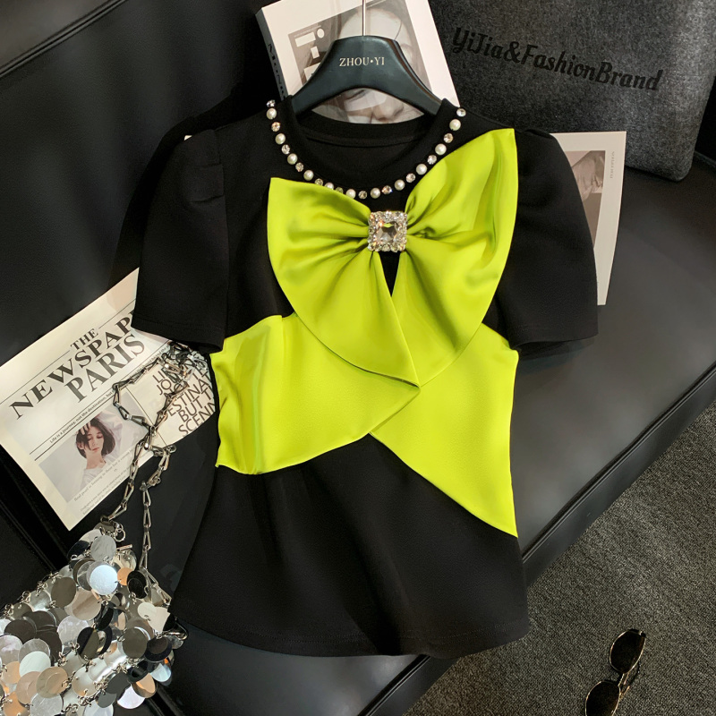 Zhouyi/Monday French-Style Color-Blocked Bow Tie Patchwork Short-Sleeve T-Shirt for Women with Pearl Design, Age-Reducing Round Neck Top