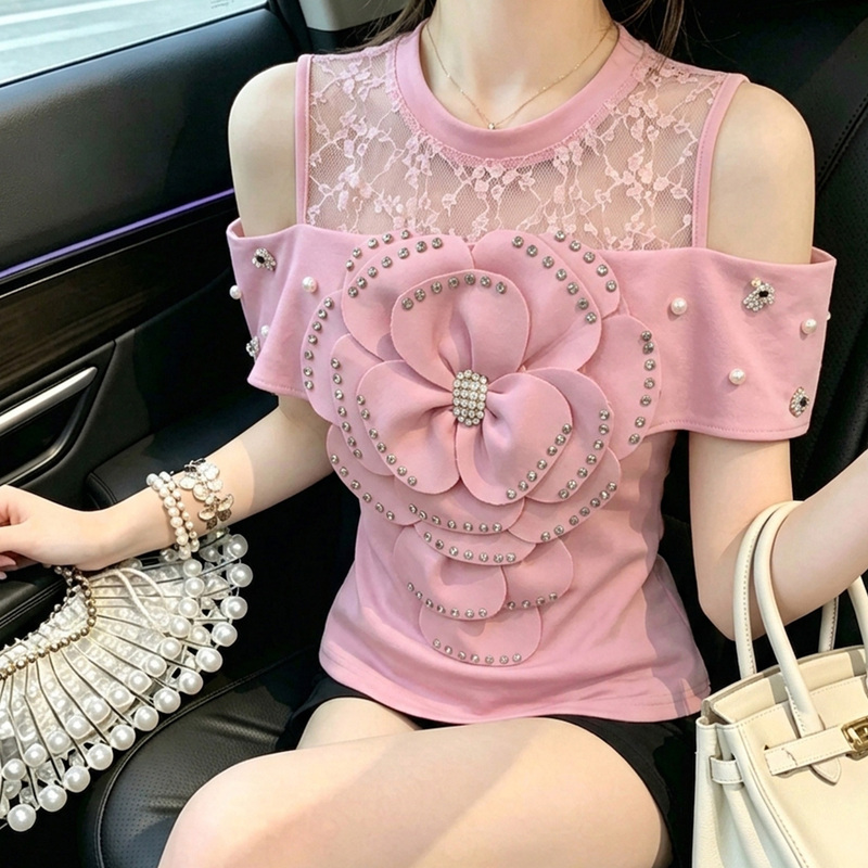 Zhouyi/Monday Sweet Style Rhinestone Embellished Three-Dimensional Floral Off-Shoulder Lace Patchwork T-Shirt Slim Fit Pink Elegant Top