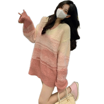 Gentle wind soft waxy gradient color pullover sweater for women 2024 autumn lazy sweet loose slimming knitted top