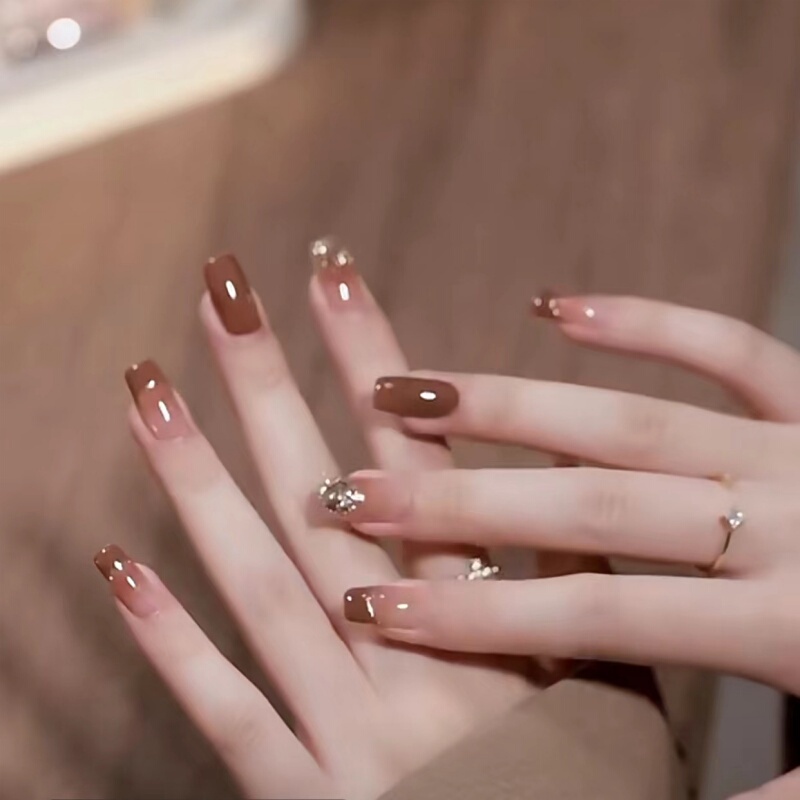 Amber Wearable Nails French Brown Coffee Color Melard Solid Color Autumn and Winter High-End Whitening Handmade Finished Exquisite Nail Art Amber Wearable Nails French Brown Coffee Color Melard Solid Color Autumn and Winter High-End Whitening Handmade Finished Exquisite Nail Art