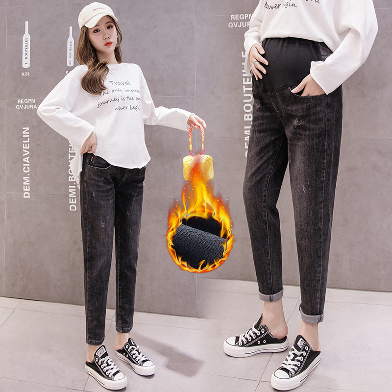 Pregnant Woman Plus Suede Jeans Winter Thickening Warm Pregnant Pregnant Women's Pants Fashion Pants Fashion Casual Loose Tide Moms Pants