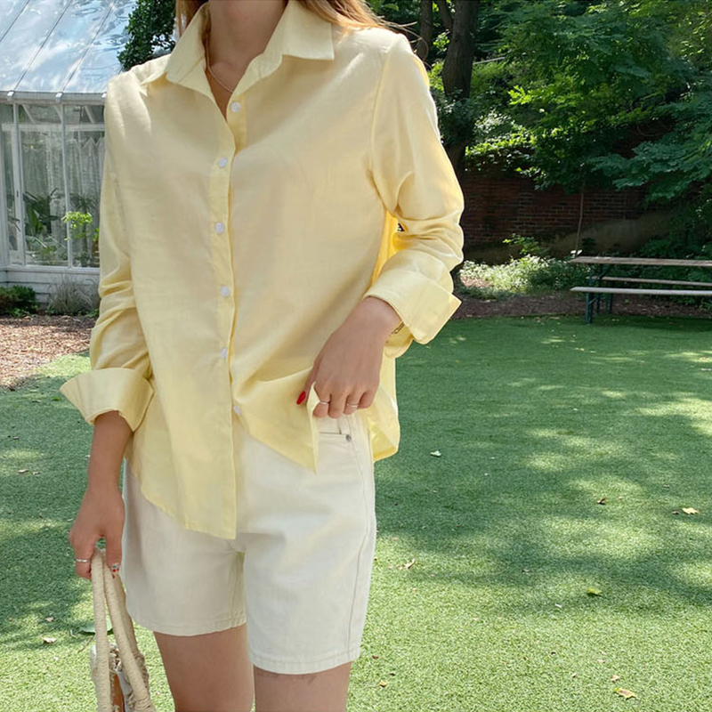 Light Yellow Korean Style Loose and Versatile Pure Cotton Shirt for Women, Spring and Summer Thin Design, Niche and Stylish Shirt