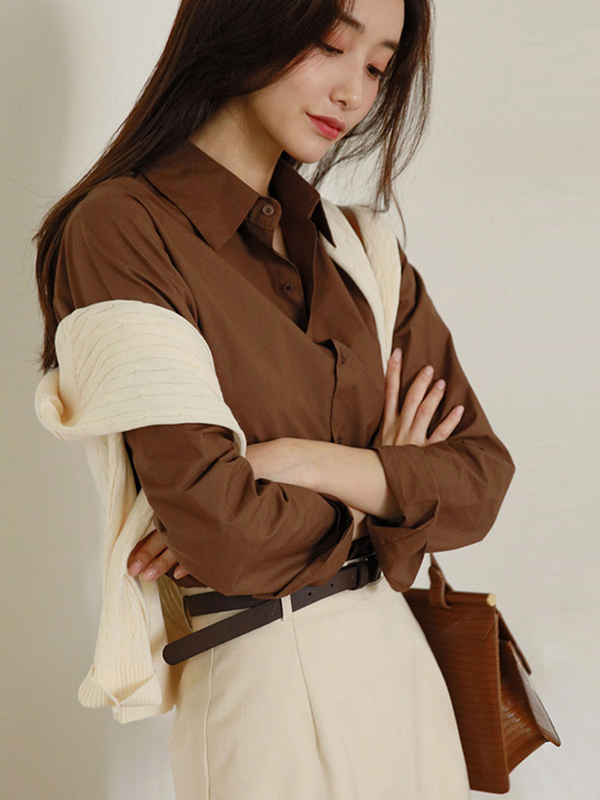 Retro Hong Kong Style Loose Casual Brown Cotton Shirt for Women 2023 Spring & Fall New Pure Color Versatile Shirt Top Retro Hong Kong Style Loose Casual Brown Cotton Shirt for Women 2023 Spring & Fall New Pure Color Versatile Shirt Top