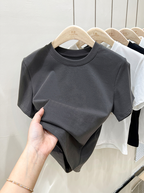 Dark Gray Straight-Shoulder Short-Sleeved T-Shirt for Women, 2026 Summer New Style, High-End Black Half-Sleeved Slim-Fitting Short Top