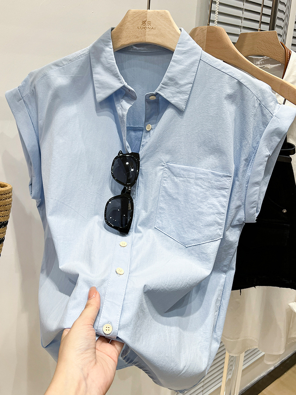 Blue Polo Collar Shirt for Women 2026 Spring and Summer New European Style High-End Shirt Loose Slimming Short-Sleeved Top