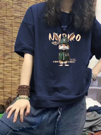 Navy blue right shoulder short-sleeved T-shirt for women summer 2025 new European style high-end pure cotton loose half-sleeved top