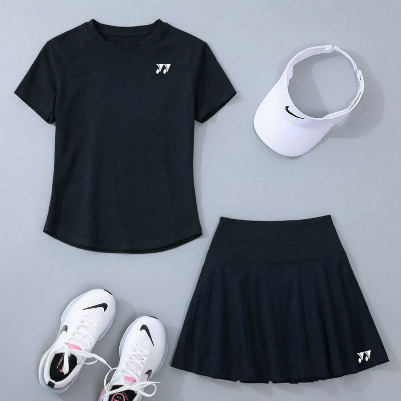 Yy High-End Badminton Clothing Women's Suit Quick-Drying Slimming Look Round Neck Short-Sleeved Skirt Training Sports Slim Two-Piece Set