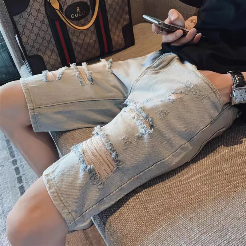 Light-Colored Ripped Denim Shorts for Men, Summer Thin Style, 2026 New Model, Straight-Leg 5-Point Pants, Mid-Length Pants, Breeches