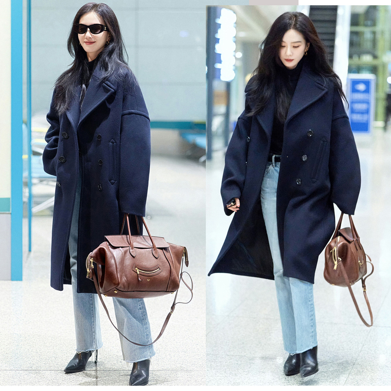 Liu Shishi Celebrity Style New Woolen Coat Women's Mid-Length Loose Navy Blue Autumn and Winter Clothing