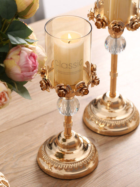 Light Luxury Ornaments, Antique-Style Metal Crystal Glass Rose Candle Holder, Tall European-Style Dining Table, Home Decoration Ornaments