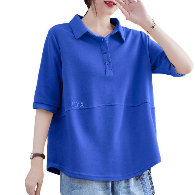 ເສື້ອຍືດແຂນສັ້ນວ່າງສໍາລັບແມ່ຍິງ 2024 summer ໃຫມ່ບາດເຈັບແລະ sweatshirt ຝ້າຍບາງໆຂະຫນາດໃຫຍ່ຄົນອັບເດດ: lapel mid-sleeve top