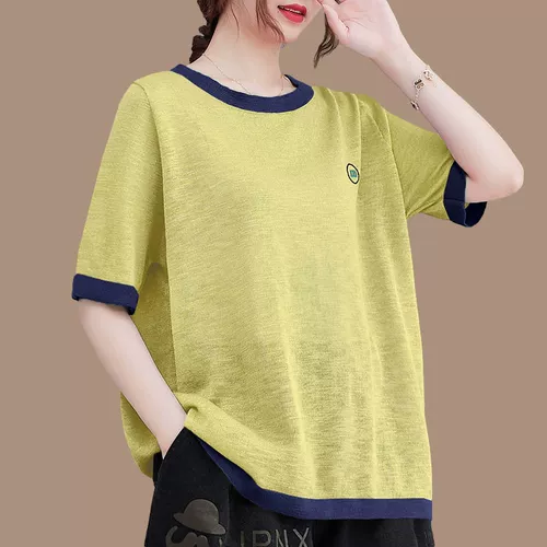 Летняя тонкая футболка для отдыха, короткий рукав, круглый воротник, в корейском стиле